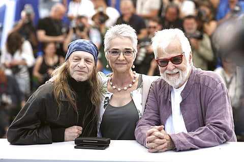 Leon Vitali, Katharina Kubrick and producer Jan Harlan at Cannes. (AP Photo/Petros Giannakouris)