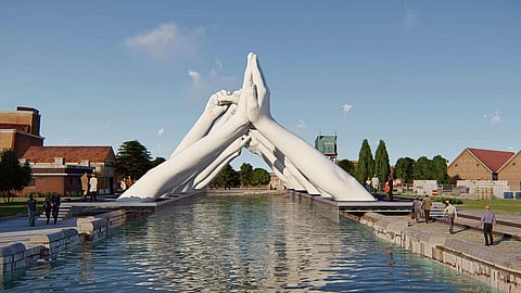 An artistic rendering of Lorenzo Quinn's six pairs of arching hands creating a bridge over a Venetian waterway, symbolic of the need overcome divisions. (BLJ via AP)