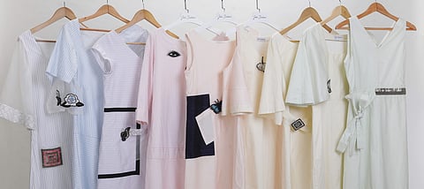 Shift dresses with mitered patterns