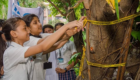 In a symbolic gesture to protect the environment, students from Ballygunj Shiksha Sadan participate in a special ‘raksha bandhan’ with the trees