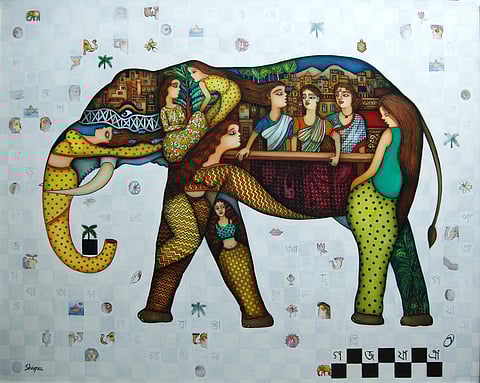 Shipra Bhattacharya Gaj Yatra Oil and Acrylic on canvas 2018