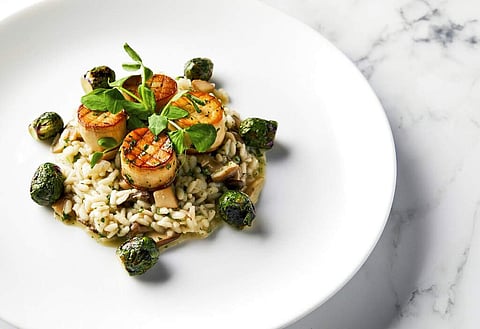 King oyster mushroom scallops on a bed of wild mushroom risotto with roasted Brussels sprouts by Beverly Hilton Executive Chef Matthew Morgan (Leslie Grow/Golden Globe Awards via AP)