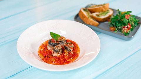 Healthy recipe: Sardine Roll Mops cooked in a Basil Tomato Sauce