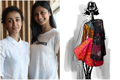 (L) Kinnari Kamat and Saaksha Bhat, the duo behind the label Saaksha & Kinni, (R) A sketch of their creation that will unveil tonight at LFW