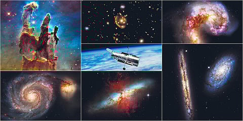 A collage of iconic shots taken by the Hubble telescope (centre)