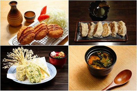 L-R, clockwise: Korokke, Gyouza, Miso Soup and Yasai Tempura