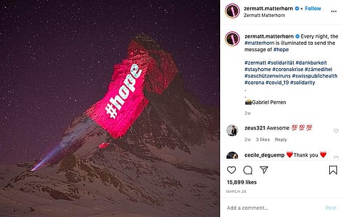 COVID-19: The Matterhorn mountain peak in Switzerland lights up with messages of hope