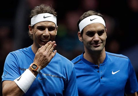 Rafael Nadal and Roger Federer during the inaugural Laver Cup