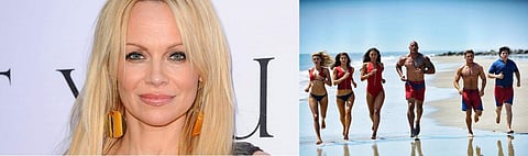 Pamela Anderson (Left) and a still from the 2017 film, Baywatch