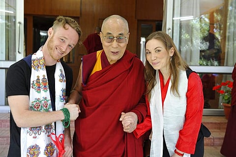 The Dalai Lama with Abe and Junelle Kunin (Ven Tenzin Jamphel/Office of His Holiness the Dalai Lama via AP)