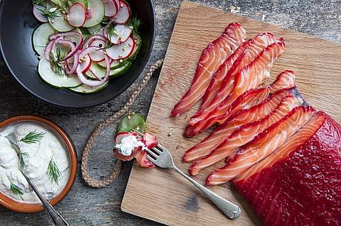 Beetroot and gin-cured salmon
