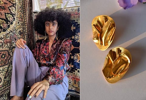 Aaliya Jamal Zaidi (L) Melt earrings (R)