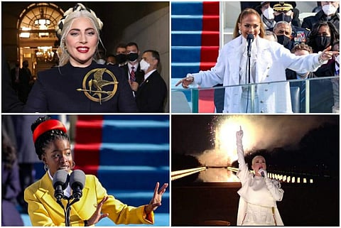 (L-R, clockwise) Lady Gaga, Jennifer Lopez, Katy Perry and Amanda Gorman