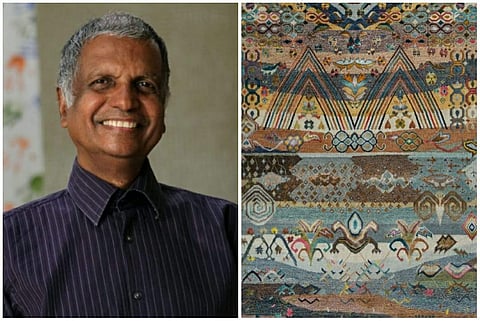 (L) NK Choudhary, founder of Jaipur Rugs, (R) A rug from Freedom-Manchaha collection