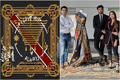 (L) Love You To The Moon rug ,(R) Ayush Choudhary with Falguni and Shane Peacock