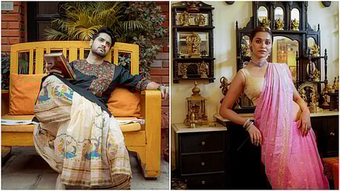 Left: Handpainted dhoti from Shunyaa's Black thunder line; a festive pink embroidered sari (R)