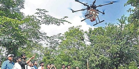 A ‘seedcopter’ by Marut Drones at ‘Hara Bahara’, India’s first aerial seeding campaign at Hyderabad’s KBR park