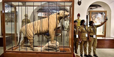 Lady police officers click a selfie at Tamil Nadu Police Museum at Egmore in Chennai. (Photo| P Jawahar, EPS)