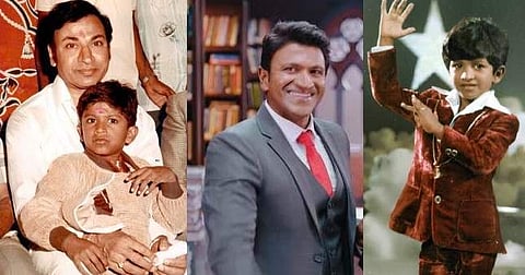 Puneeth Rajkumar with his father, in Kannadadha Kotyadipathi and as a child artiste