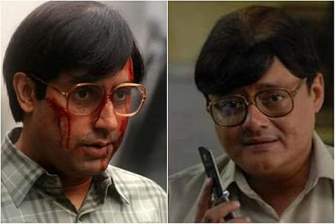 (Left) Abhishek Bachchan in a still from Bob Biswas, (right) A still from Kahaani featuring Saswata Chatterjee as Bob Biswas