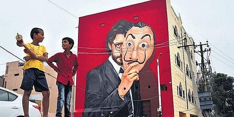 A mural of The Professor, a character from Money Heist, at Necklace Road (Photo | Express, S Senbagapandiyan)