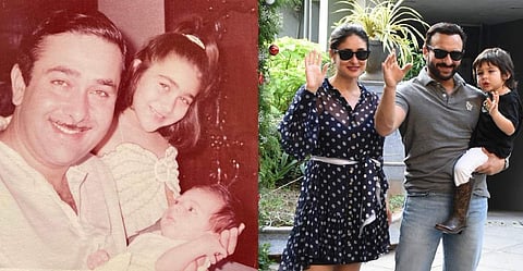 Karisma Kapoor shares an old picture (left) and Kareena with Saif and Taimur