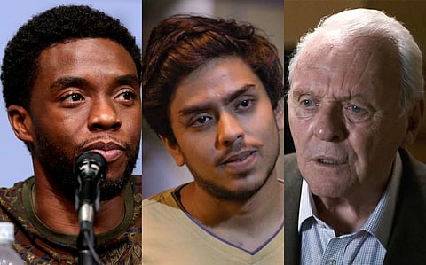 Late Black Panther actor Chadwick Boseman (left), Adarsh Gourav from The White Tiger (centre), and Anthony Hopkins from The Father (right)