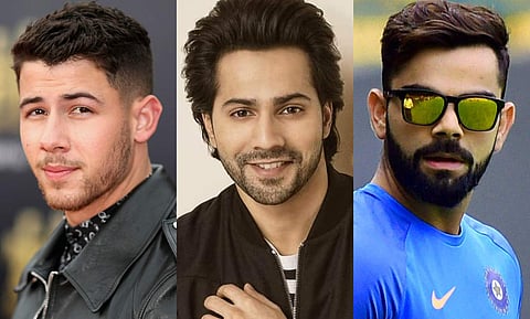 Nick Jonas (left), Varun Dhawan (centre), and Virat Kohli (right)