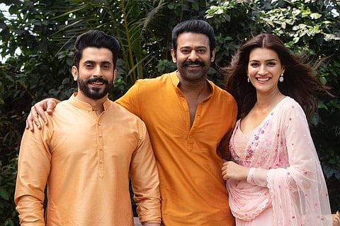 Prabhas with Sunny Singh (left) and Kriti Sanon (right)