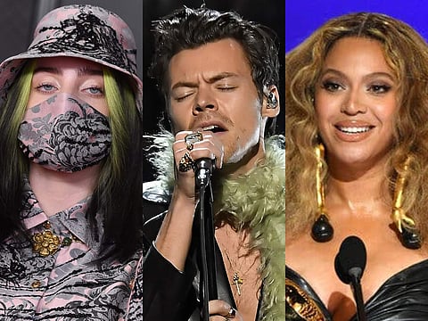 Billie Eilish (left), Harry Styles (centre), and Beyoncé (right) at the Grammys