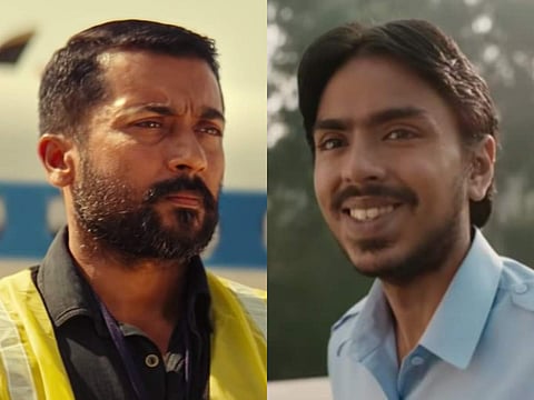 Stills from Soorarai Pottru starring Suriya (left) and The White Tiger starring Adarsh Gourav (right)