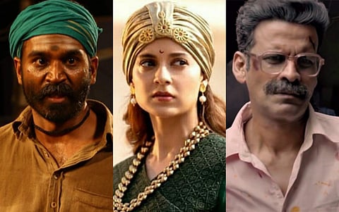 Dhanush in Auran (left), Kangana Ranaut in Manikarnika (centre), and Manoj Bajpayee in Bhonsle (right)