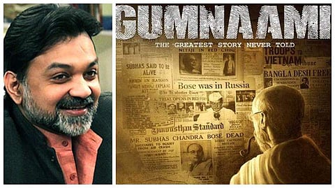 Srijit Mukherji and poster of Gumnaami