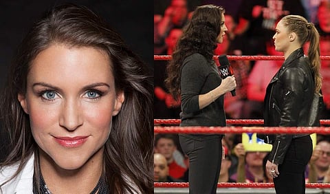 Stephanie McMahon (left) and a picture from WrestleMania 34