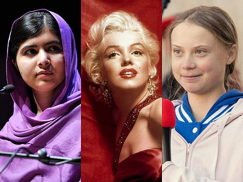 Malala Yousafzai (left), Marilyn Monroe (centre), and Greta Thunberg (right)