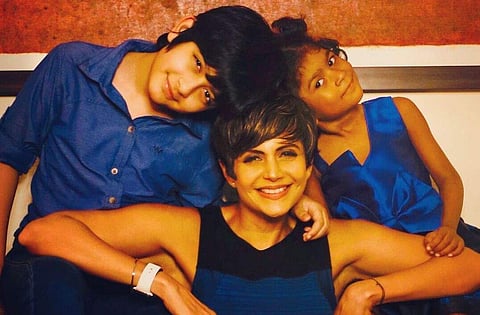 Mandira Bedi (centre) with her son Vir (left) and daughter Tara (right)