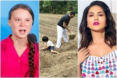 Greta Thunberg (left), Tamiur and Saif Ali Khan (centre), and Sunny Leone (right)