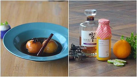 Left: Poached plums with ice cream; right: In-house cocktail pre-mixers by Polo Floatel