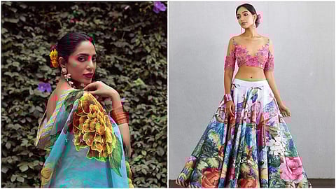 Left: Sobhita Dhulipala in a Firoza genda guncha printed sari in silk organza; on right: The Totapuri Van Vaibhav lehenga