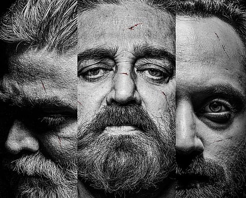 Vikram first look poster featuring Vijay Sethupathi (left), Kamal Haasan (centre), and Fahadh Faasil (right)
