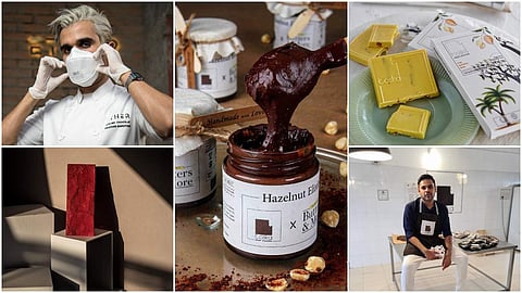 Anti-clockwise from L: Ether Chocolate's Prateek Bakhtiani, a raspberry number by the brand, chocolate elixirs by fair-trade label Toska Chocolates, Toska's Ishan Pansuria, vegan white bar