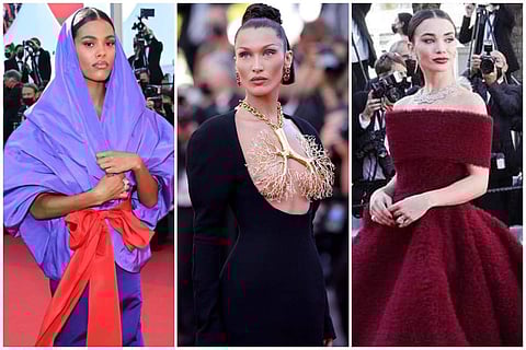 Cannes Film Festival 2021: Tina Kunakey (left), Bella Hadid (centre), and Amy Jackson (right)