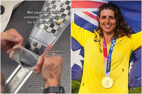 Australian canoeist Jessica Fox uses a condom to fix her kayak at the Tokyo Olympics