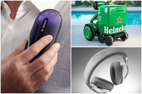 Bosch's Freshup - an odour removing device (left), Heineken's AI-powered beer transporter (top right), IRIS Flow headphones (bottom right)