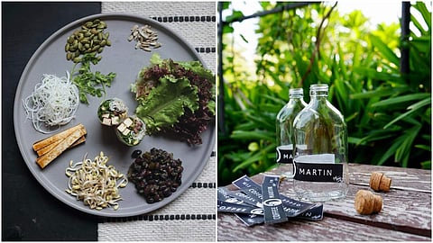 Left: Gluten-free Saigon rice paper roll featuring functional foods; Right: Martin Cold Brew is crafted with recyclable and compostable materials such as glass, paper and cork
