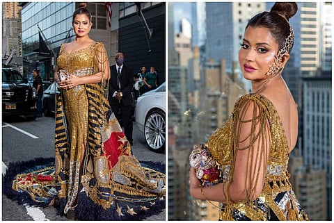 At Met Gala 2021, Hyderabad-based philanthropist Sudha Reddy sported an opulent military-inspired haute couture look by ace Indian couturiers Falguni Shane Peacock