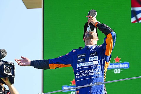 Daniel Ricciardo forced team mate Lando Norris to ‘do-a-shoey’, by drinking from his racing boot on the podium