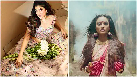 A floral gown by Youve (L) and an elaborate red sari from the Mriga Trishna line