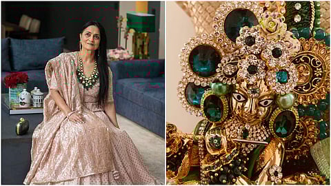 Left: Kalpana Sonthalia, the founder of Adorning God; (R) an embellished Krishna idol curated by Adorning God