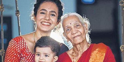 The classical composition in Sanskrit features four generations — Kavya, her seven months old daughter Lakshya and Kavya’s grandmother, Kamala.